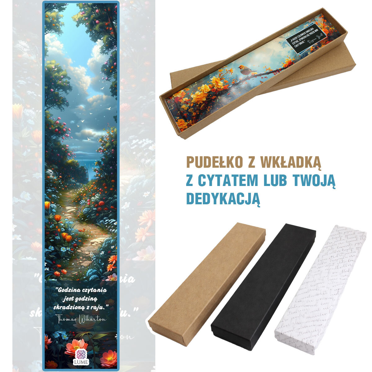 Zakładka do książki z afirmacją na prezent Srebrna zakładka do książki piórko z afirmacją Piękna Mądra Oczytana i niebieskimi koralikami