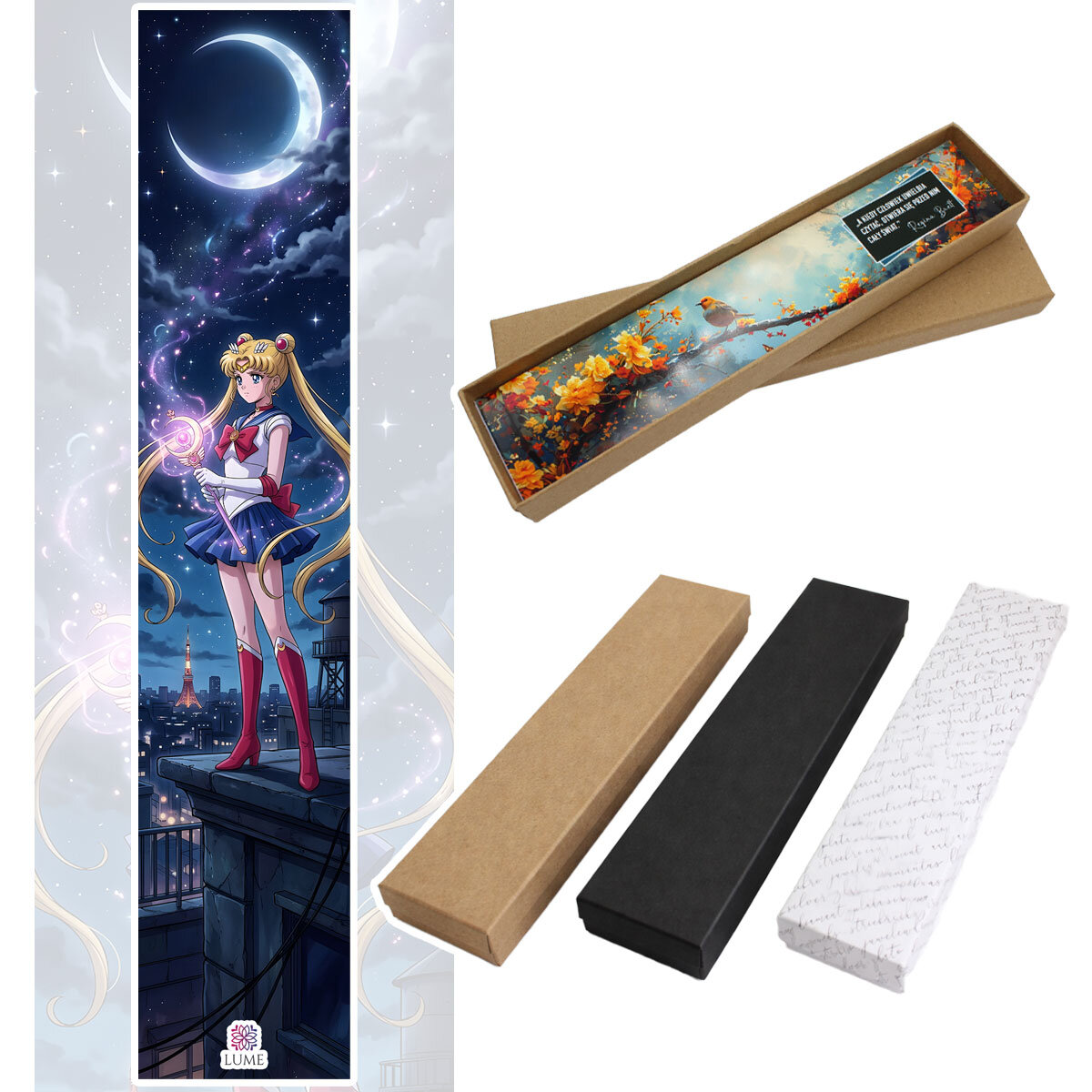 Metalowa zakładka do książki w kolorze antycznego srebra z grafiką Czarodziejki z Księżyca (Sailor Moon) pod szklanym kaboszonem, ozdobiona niebiesko-fioletowymi koralikami i gwiazdką.