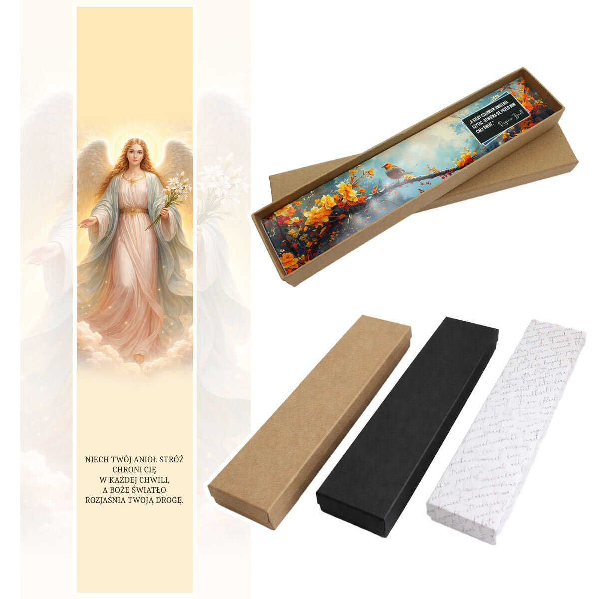 Chrześcijańska zakładka do książki z grafiką Anioła Stróża pod szkiełkiem, antyczne srebro, prezent na komunię świętą w pudełku.