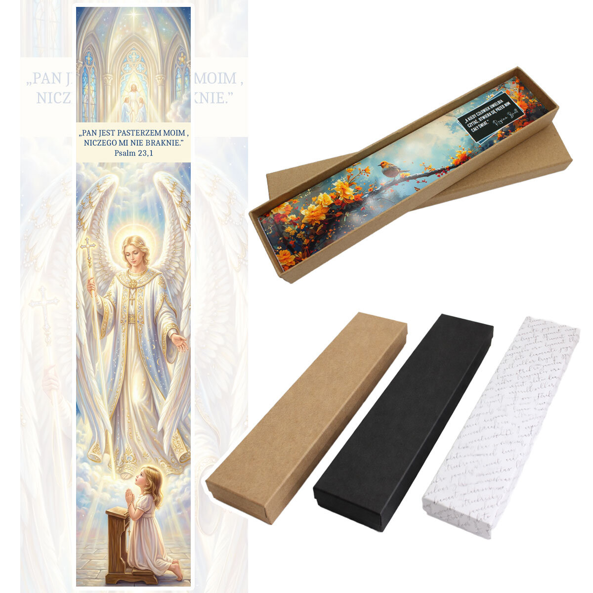 Chrześcijańska zakładka do książki z grafiką Anioła Stróża pod szkiełkiem, antyczne srebro, prezent na komunię świętą w pudełku.