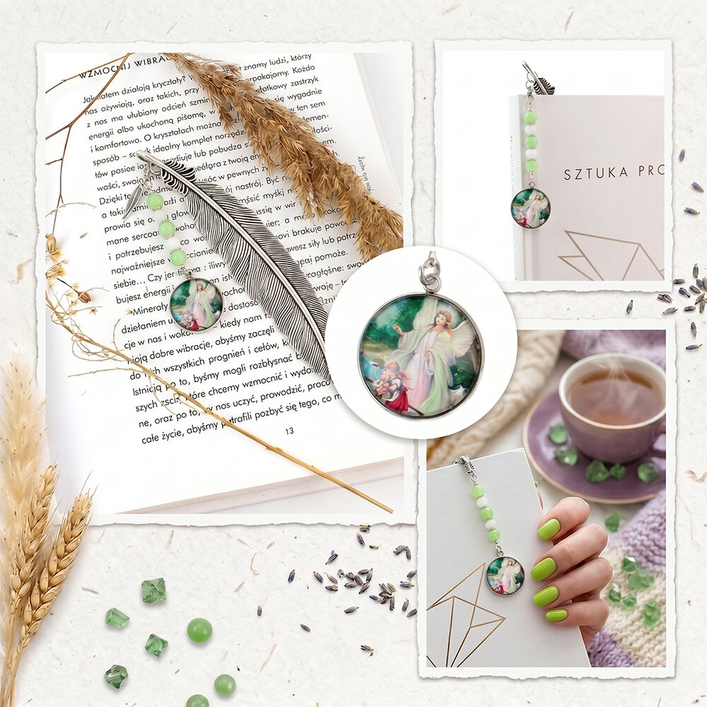 Chrześcijańska zakładka do książki z grafiką Anioła Stróża pod szkiełkiem, antyczne srebro, prezent na komunię świętą w pudełku.