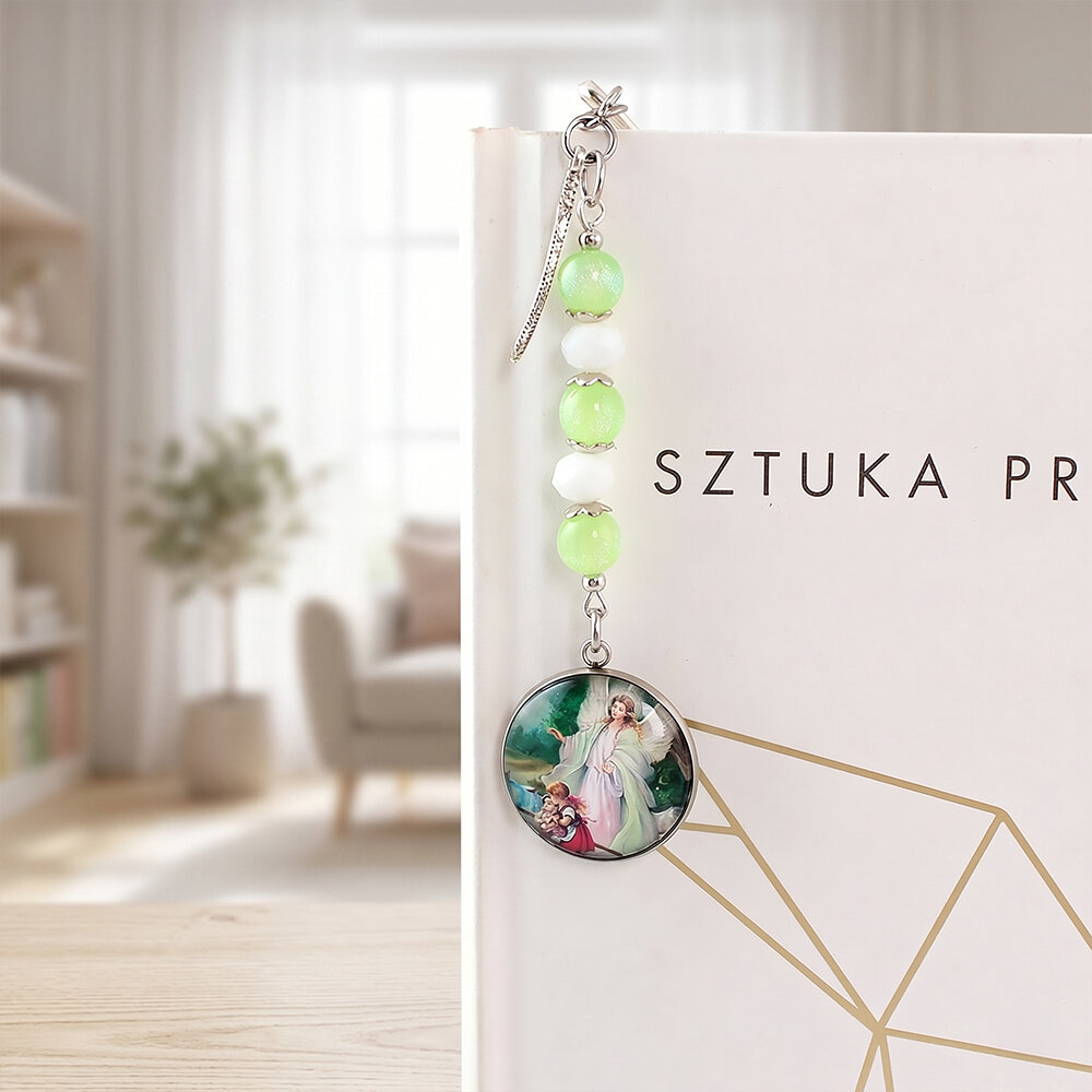 Chrześcijańska zakładka do książki z grafiką Anioła Stróża pod szkiełkiem, antyczne srebro, prezent na komunię świętą w pudełku.