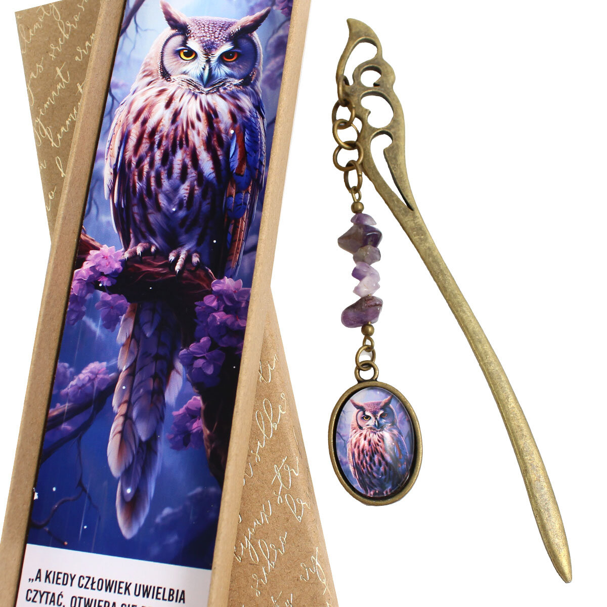 Zakładka z sową ametyst handmade prezent dla mola książkowego magiczna leśna Zakładka z sową ametyst handmade prezent dla mola książkowego magiczna leśna