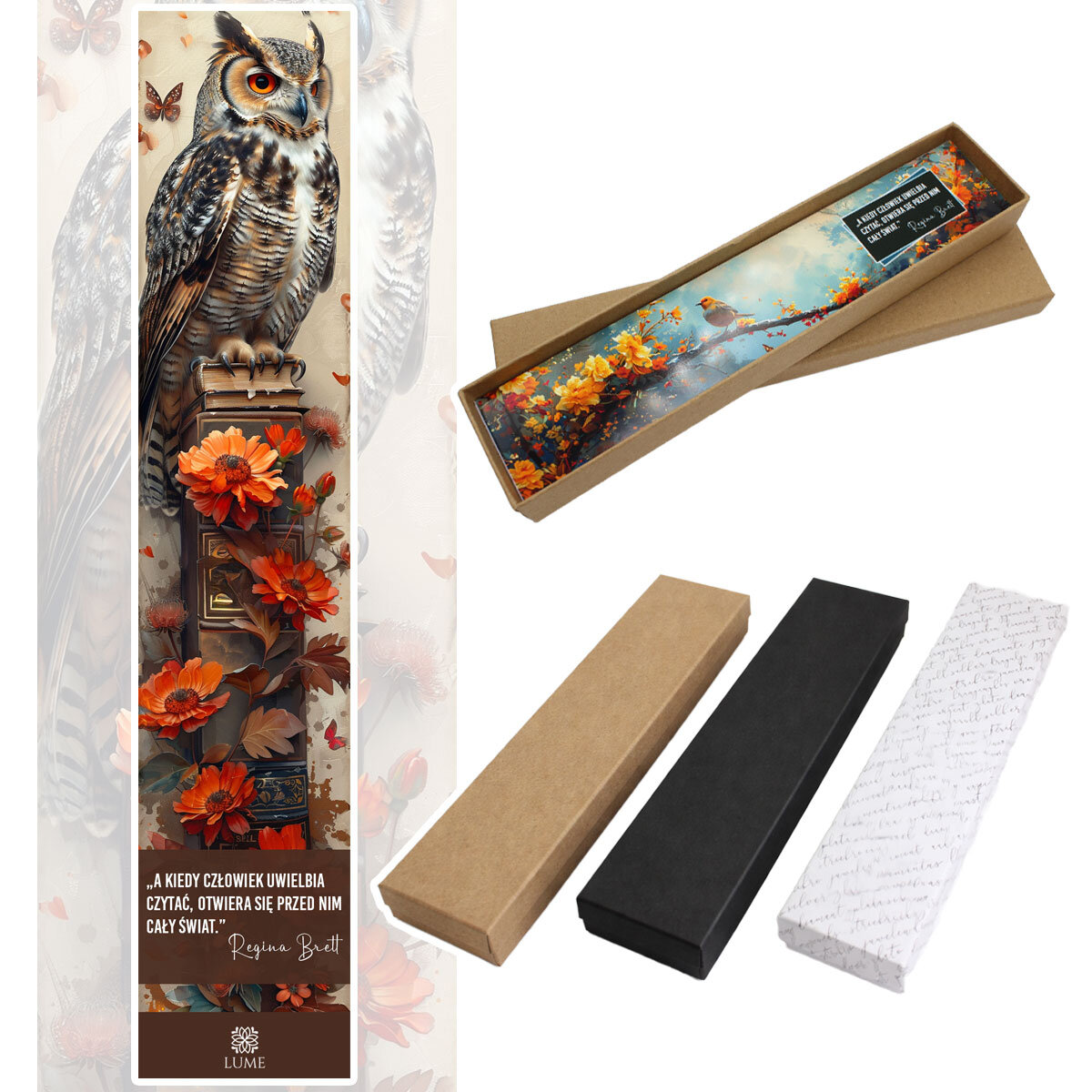 Zakładka do książki z antycznego brązu w kształcie pióra z zawieszką przedstawiającą uroczo wyrzeźbioną sowę i akrylowy listek.