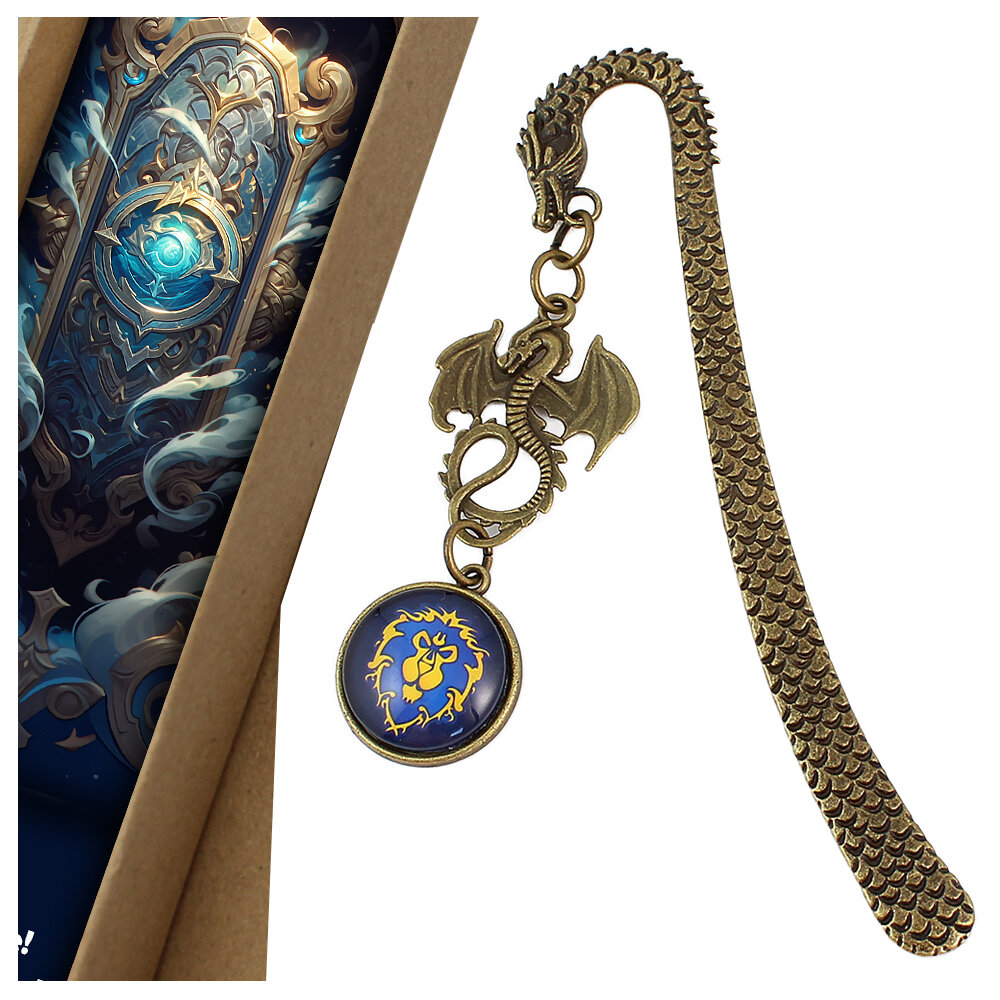 Zakładka do książki z antycznego brązu z motywem smoka i zawieszką z logiem Przymierza (Alliance) z gry World of Warcraft pod kaboszonem.