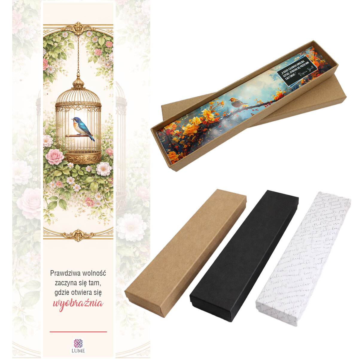 Zakładka do książki z antycznego brązu z zawieszką w kształcie ptaszka w klatce, akrylowymi listkami i szklanym koralikiem