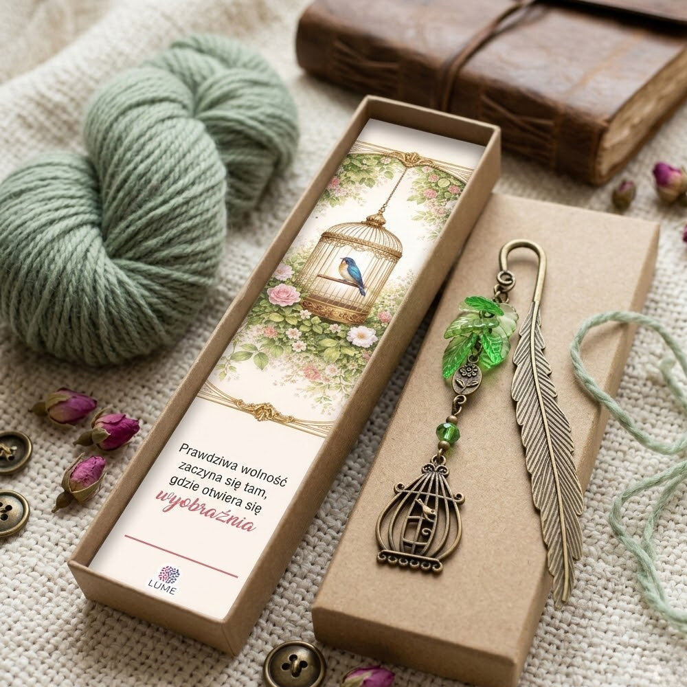 Zakładka do książki z antycznego brązu z zawieszką w kształcie ptaszka w klatce, akrylowymi listkami i szklanym koralikiem