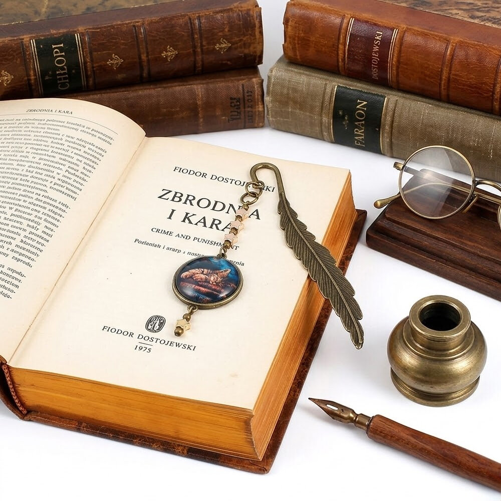 Zakładka do książki z antycznego brązu z zawieszką w kształcie gwiazdek oraz ilustracją śpiącego kota na stosie książek pod szkiełkiem.