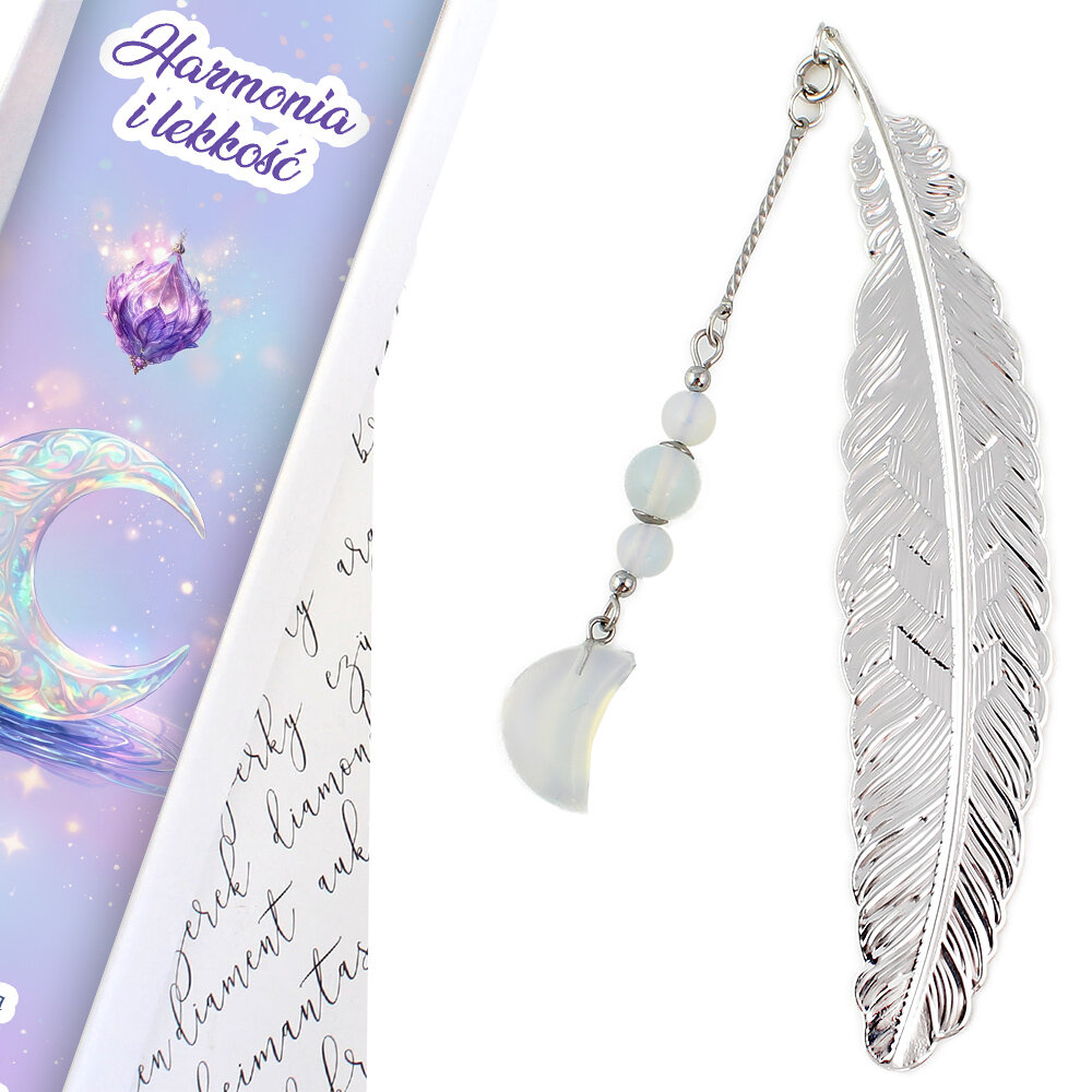 Cienka metalowa zakładka do książki pióro z zawieszką z kamienia opalitu w kształcie księżyca i koralików, w ozdobnym pudełku. Cienka metalowa zakładka do książki pióro z zawieszką z kamienia opalitu w kształcie księżyca i koralików, w ozdobnym pudełku.