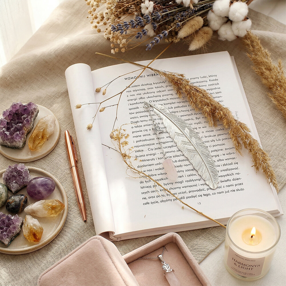 Cienka srebrna zakładka do książki piórko z zawieszką z kwarcu różowego i stalową różą, w ozdobnym pudełku prezentowym. Cienka srebrna zakładka do książki piórko z zawieszką z kwarcu różowego i stalową różą, w ozdobnym pudełku prezentowym.