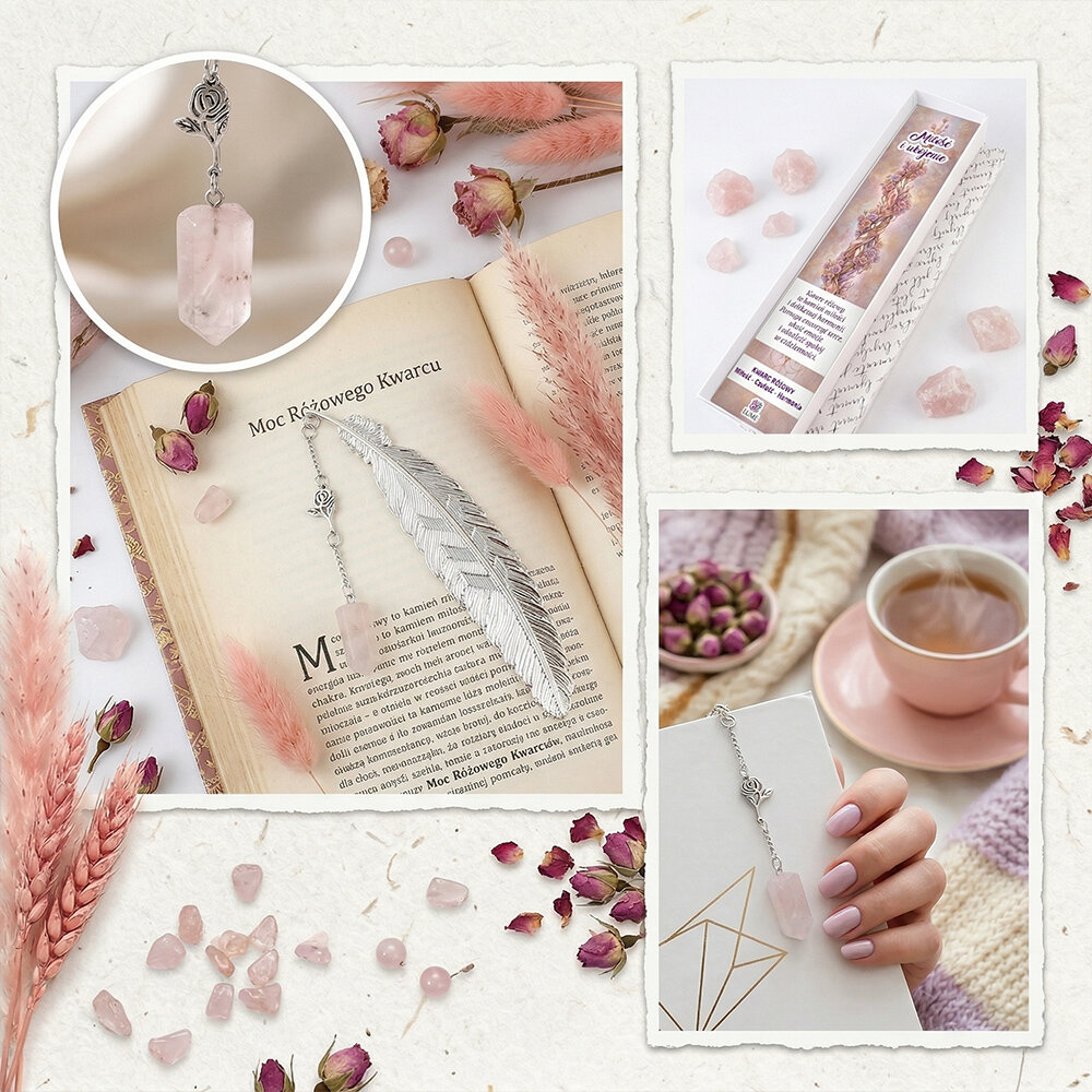 Cienka srebrna zakładka do książki piórko z zawieszką z kwarcu różowego i stalową różą, w ozdobnym pudełku prezentowym. Cienka srebrna zakładka do książki piórko z zawieszką z kwarcu różowego i stalową różą, w ozdobnym pudełku prezentowym.