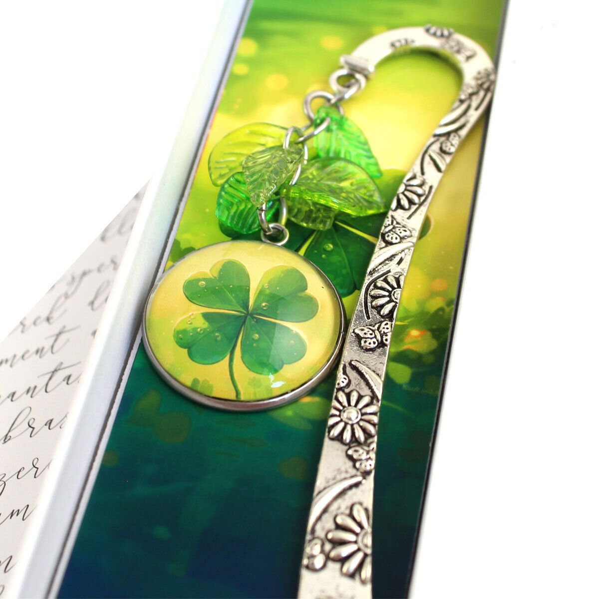 Zakładka do książki czterolistna koniczynka – talizman na szczęście – prezent amulet Zakładka do książki z czterolistną koniczynką na szczęście i akrylowymi listkami