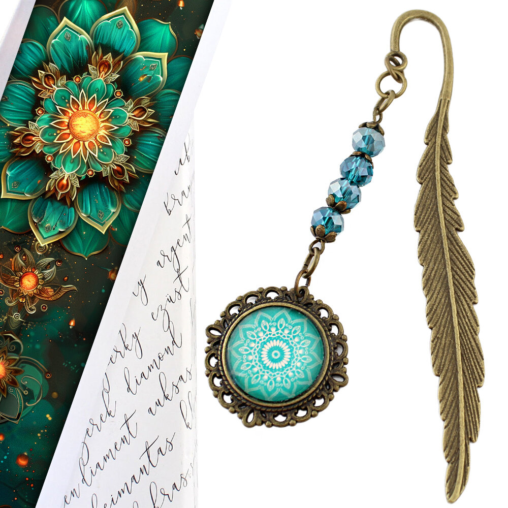Zakładka do książki mandala turkusowa prezent Zakładka do książki piórko w kolorze antycznego brązu z turkusowymi kryształkami i zawieszką z mandalą pod szklanym kaboszonem