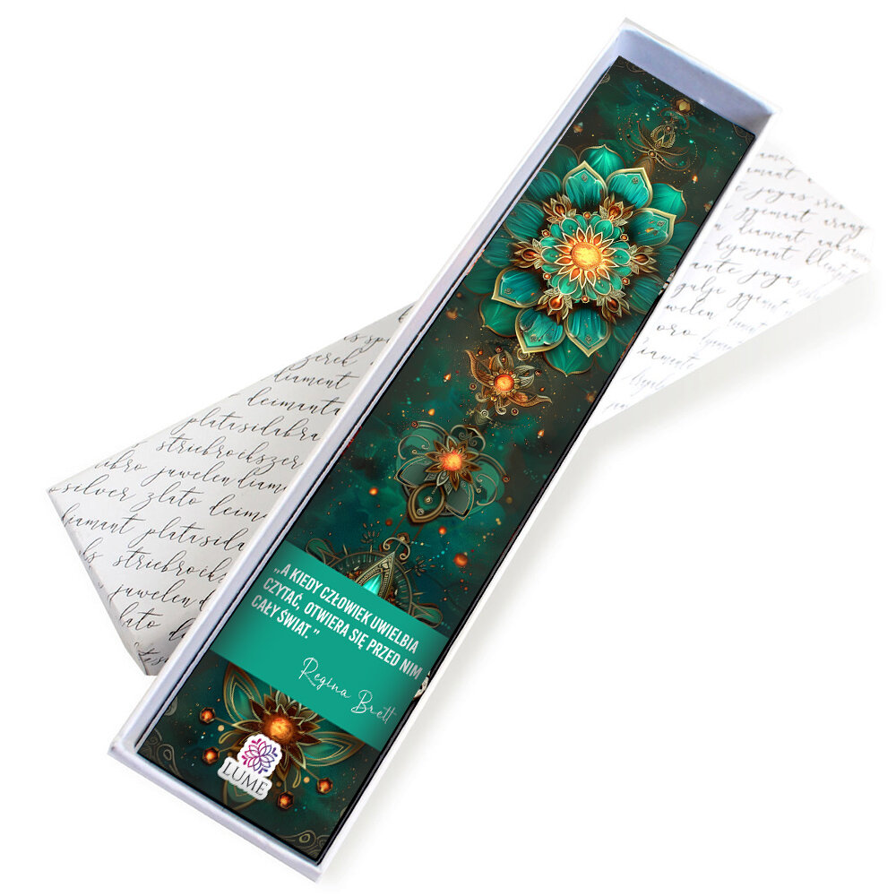 Zakładka do książki mandala turkusowa prezent Zakładka do książki piórko w kolorze antycznego brązu z turkusowymi kryształkami i zawieszką z mandalą pod szklanym kaboszonem