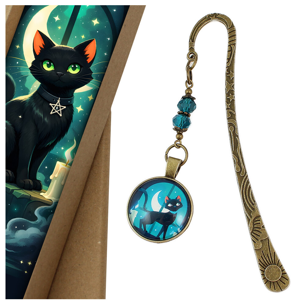 Zakładka do książki z antycznego brązu z motywem słońca i gwiazd, turkusowymi kryształkami i ilustracją czarnego kota na tle księżyca