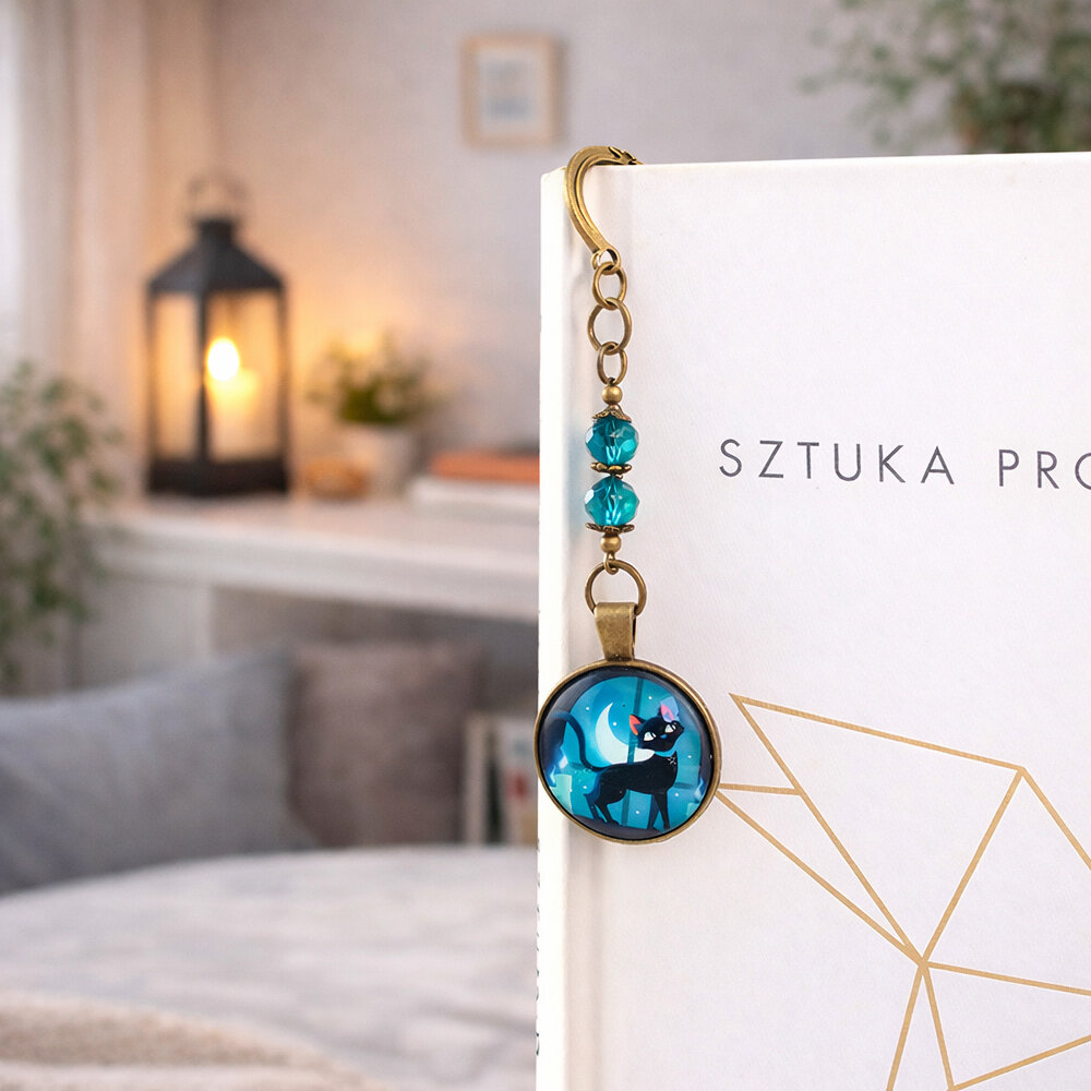 Zakładka do książki z antycznego brązu z motywem słońca i gwiazd, turkusowymi kryształkami i ilustracją czarnego kota na tle księżyca