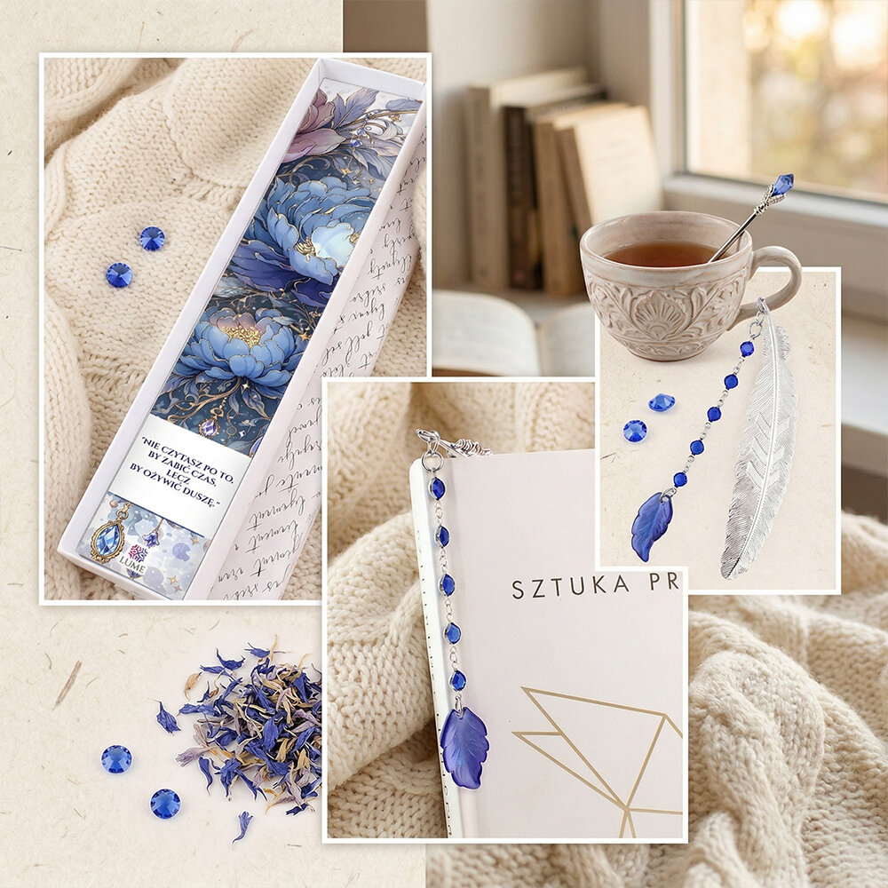 Cienka i lekka metalowa zakładka do książki w kształcie pióra, zdobiona wiszącą zawieszką z szafirowych szklanych kryształków i niebieskiego akrylowego listka, w ozdobnym pudełku. Cienka i lekka metalowa zakładka do książki w kształcie pióra, zdobiona wiszącą zawieszką z szafirowych szklanych kryształków i niebieskiego akrylowego listka, w ozdobnym pudełku.