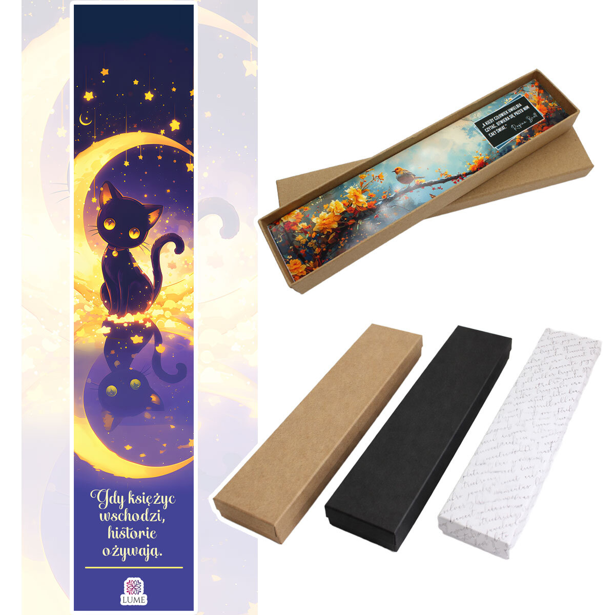 Zakładka do książki w kolorze antycznego brązu w kształcie pióra, z żółtymi kryształkami, zawieszką gwiazdką i wizerunkiem czarnego kota na tle księżyca pod szklanym kaboszonem