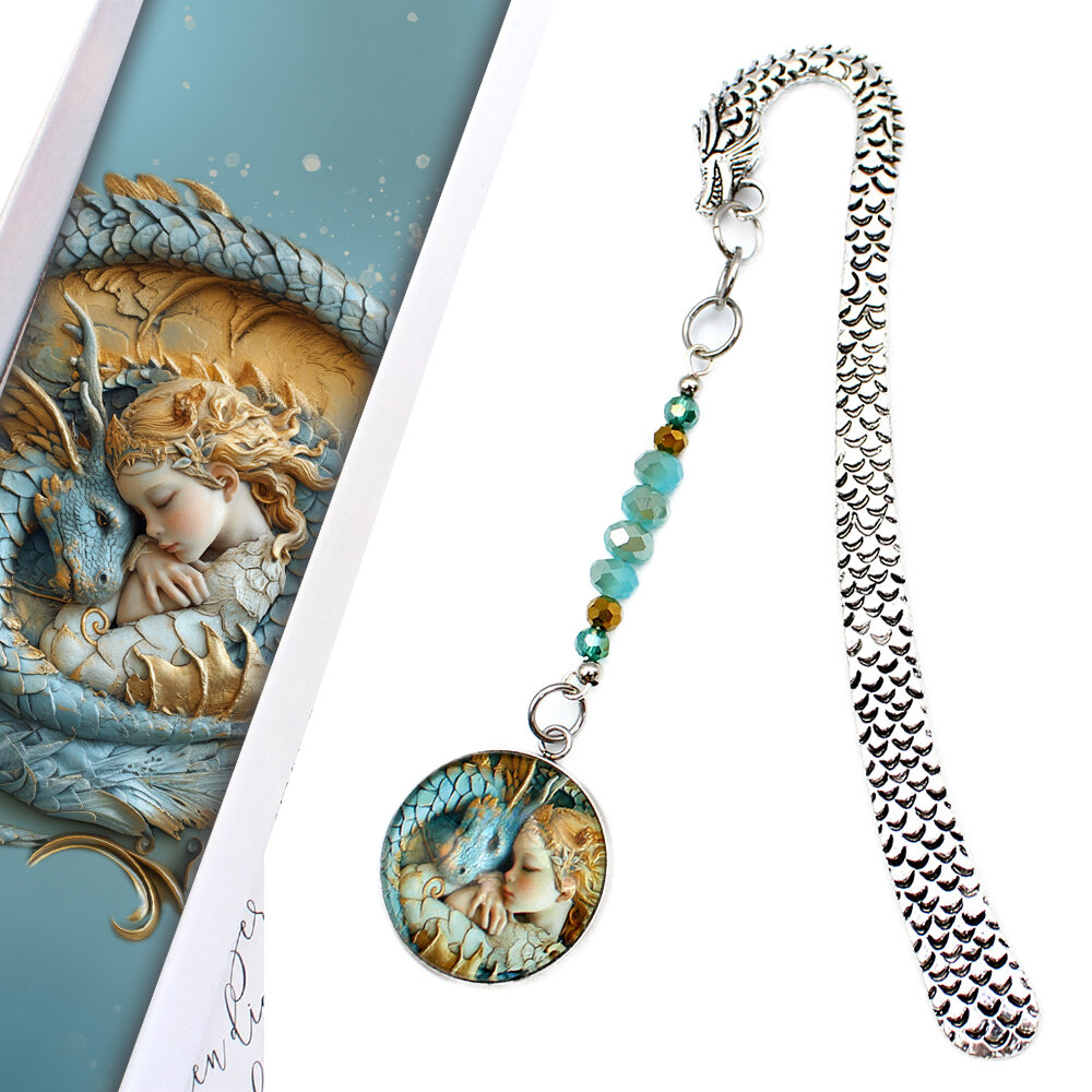 Zakładka do książki smok i księżniczka fantasy prezent rebrna zakładka do książki z trzonem w kształcie smoka, szklanymi kryształkami oraz zawieszką z grafiką śpiącej księżniczki i smoka