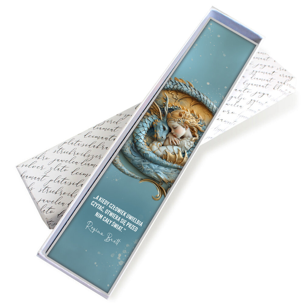 Zakładka do książki smok i księżniczka fantasy prezent rebrna zakładka do książki z trzonem w kształcie smoka, szklanymi kryształkami oraz zawieszką z grafiką śpiącej księżniczki i smoka