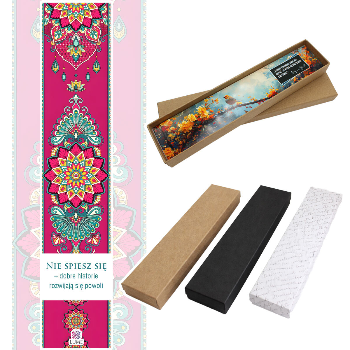 Zakładka do książki kolorowa mandala joga duchowość Zakładka do książki z antycznego brązu z niebieskimi koralikami i wielobarwną, harmonijną mandalą pod wypukłym szkiełkiem.