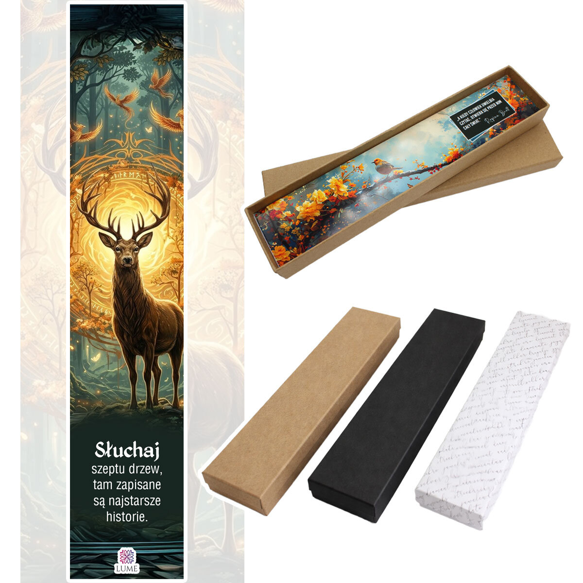 Zakładka do książki z antycznego brązu z ozdobnym falistym trzonem, zawieszką z piórkiem i ilustracją jelenia w ognistym lesie pod kaboszonem.