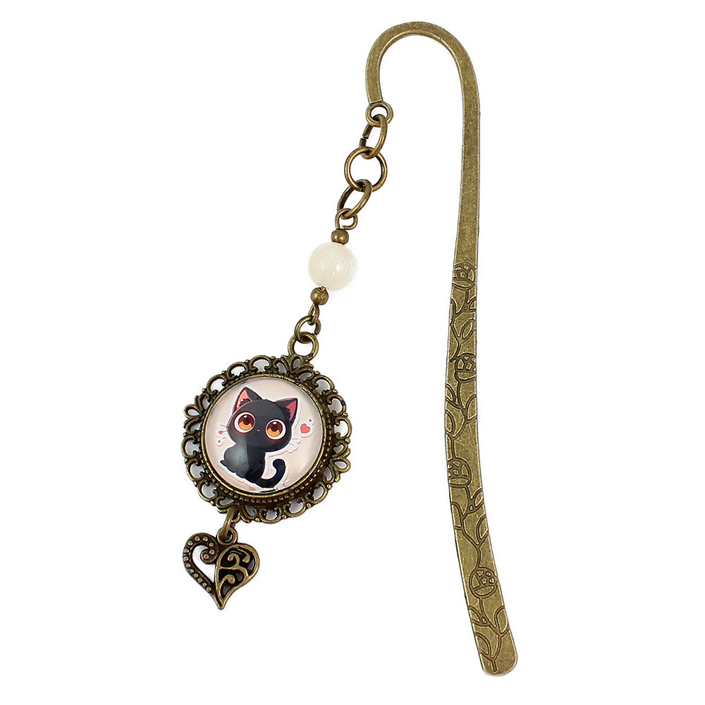 Zakładka do książki uroczy czarny kotek serce anime Zakładka do książki z antycznego brązu z kwiatowym trzonem, zawieszką z serduszkiem i uroczym czarnym kotkiem w stylu anime pod kaboszonem
