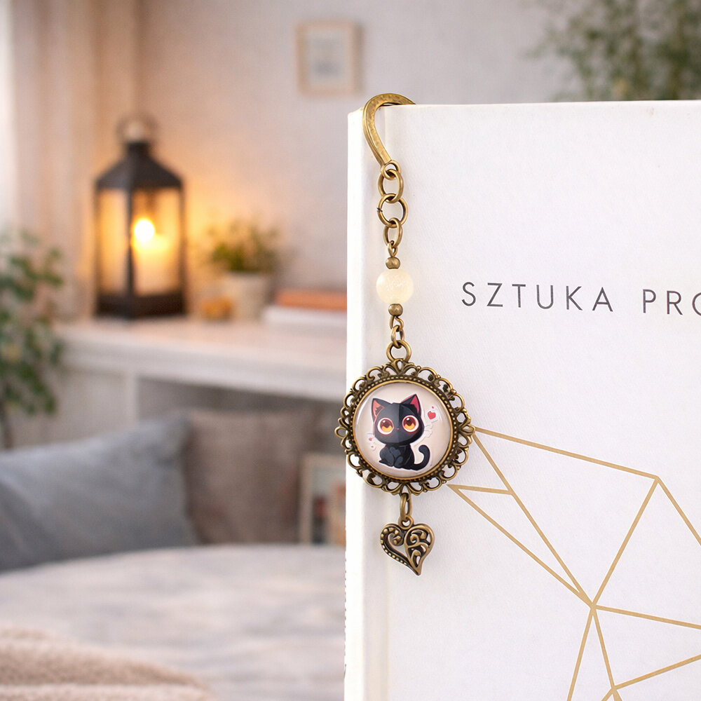 Zakładka do książki uroczy czarny kotek serce anime Zakładka do książki z antycznego brązu z kwiatowym trzonem, zawieszką z serduszkiem i uroczym czarnym kotkiem w stylu anime pod kaboszonem