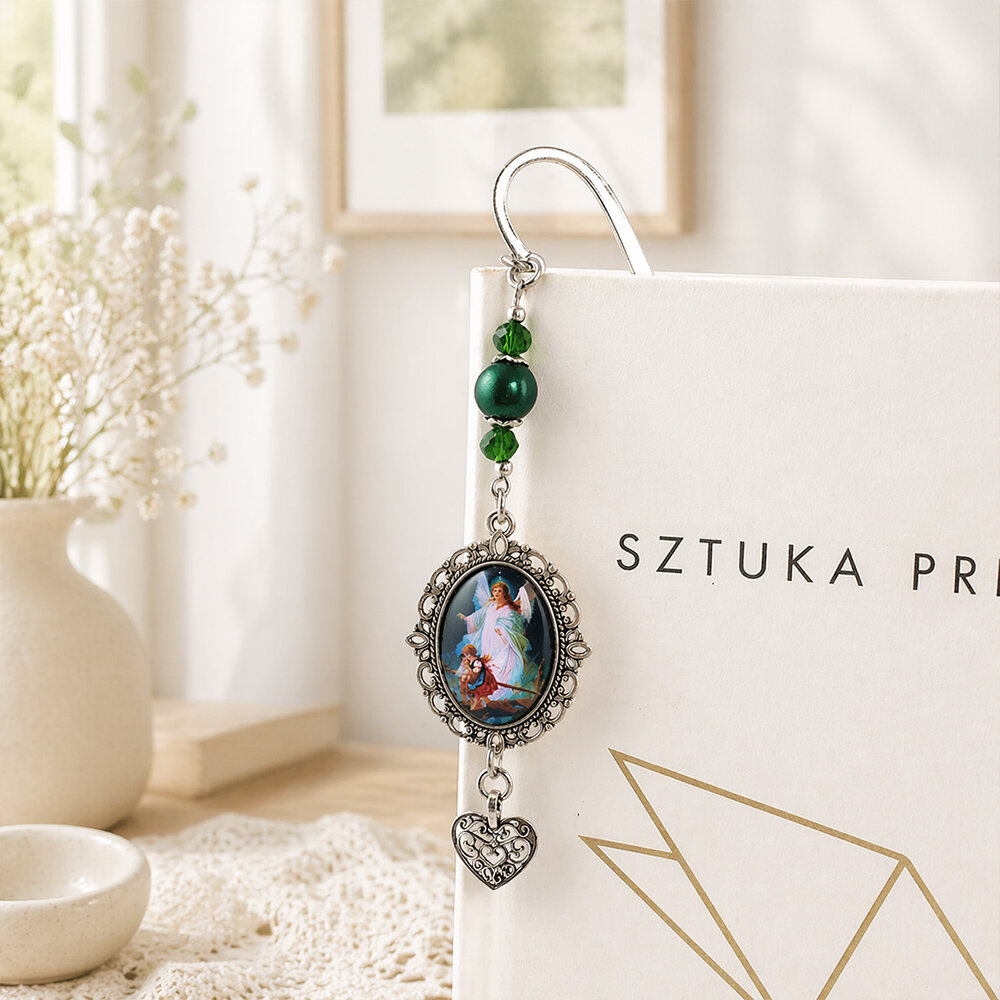 Chrześcijańska zakładka do książki z grafiką Anioła Stróża pod szkiełkiem, antyczne srebro, prezent na komunię świętą w pudełku.