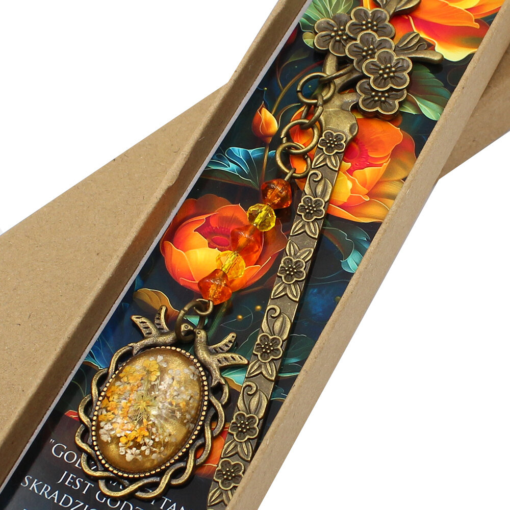 zakładka do książki z prawdziwymi kwiatami w żywicy żółta jesienna upominek