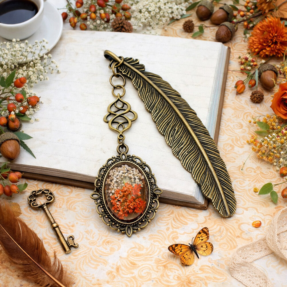 zakładka do książki z prawdziwymi kwiatami w żywicy żółta jesienna upominek