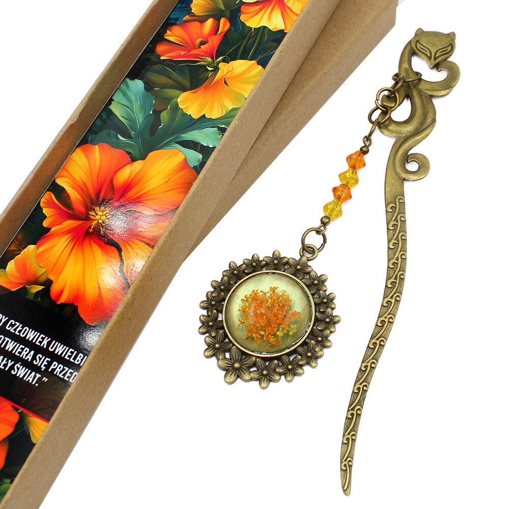 zakładka do książki z prawdziwymi kwiatami w żywicy pomarańczowa jesienna upominek dla mamy dla babci