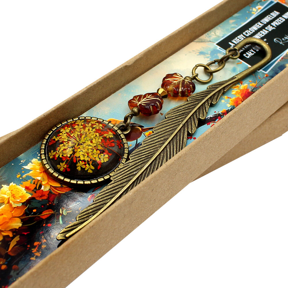 zakładka do książki z prawdziwymi kwiatami w żywicy żółta jesienna upominek