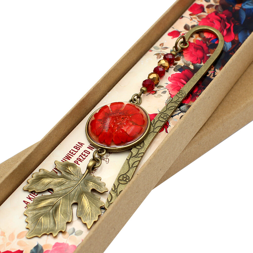 zakładka do książki z prawdziwymi kwiatami w żywicy czerwona jesienna upominek