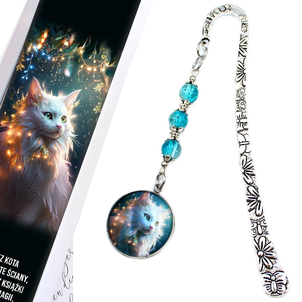 Zakładka do książki z białym kotem prezent dla kociary Srebrna zakładka do książki z metalowym trzonem w kwiaty i motyle, niebieskimi koralikami oraz zawieszką z autorską grafiką białego długowłosego kota