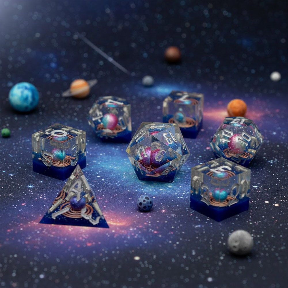 Zestaw kości wielościennych RPG planety galaktyczne ostre DnD kosmos scifi