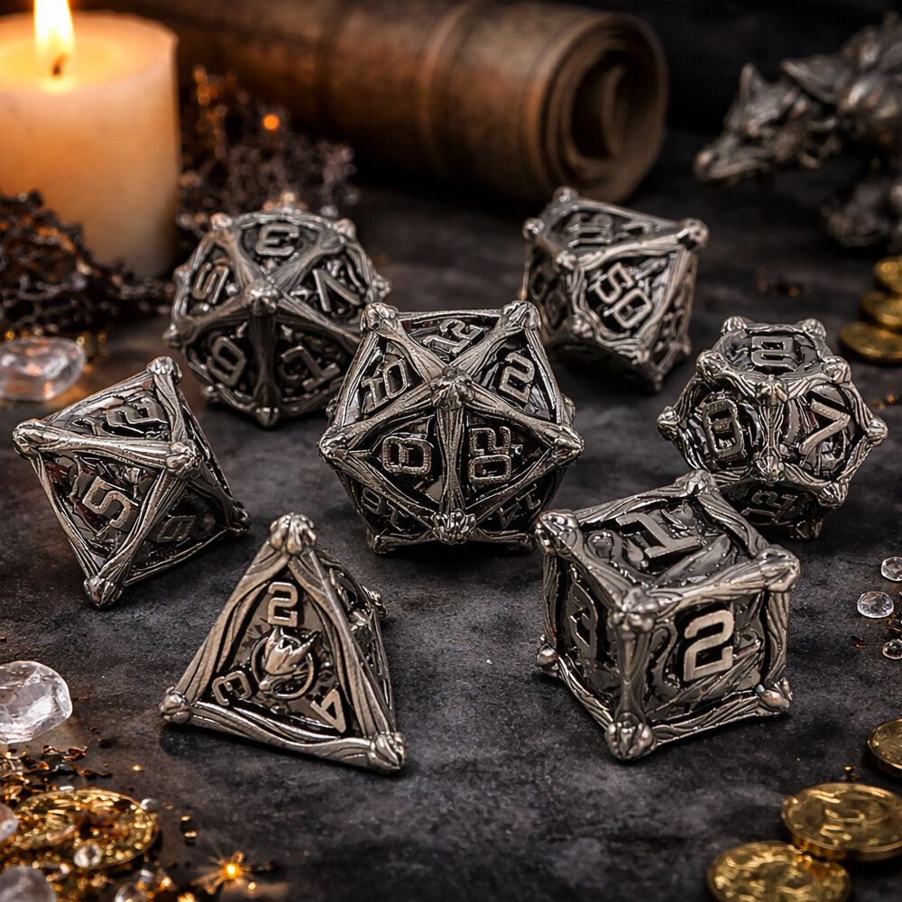 Zestaw ciężkich metalowych kości RPG Iron Dragon's Hoard w kolorze ciemnej stali