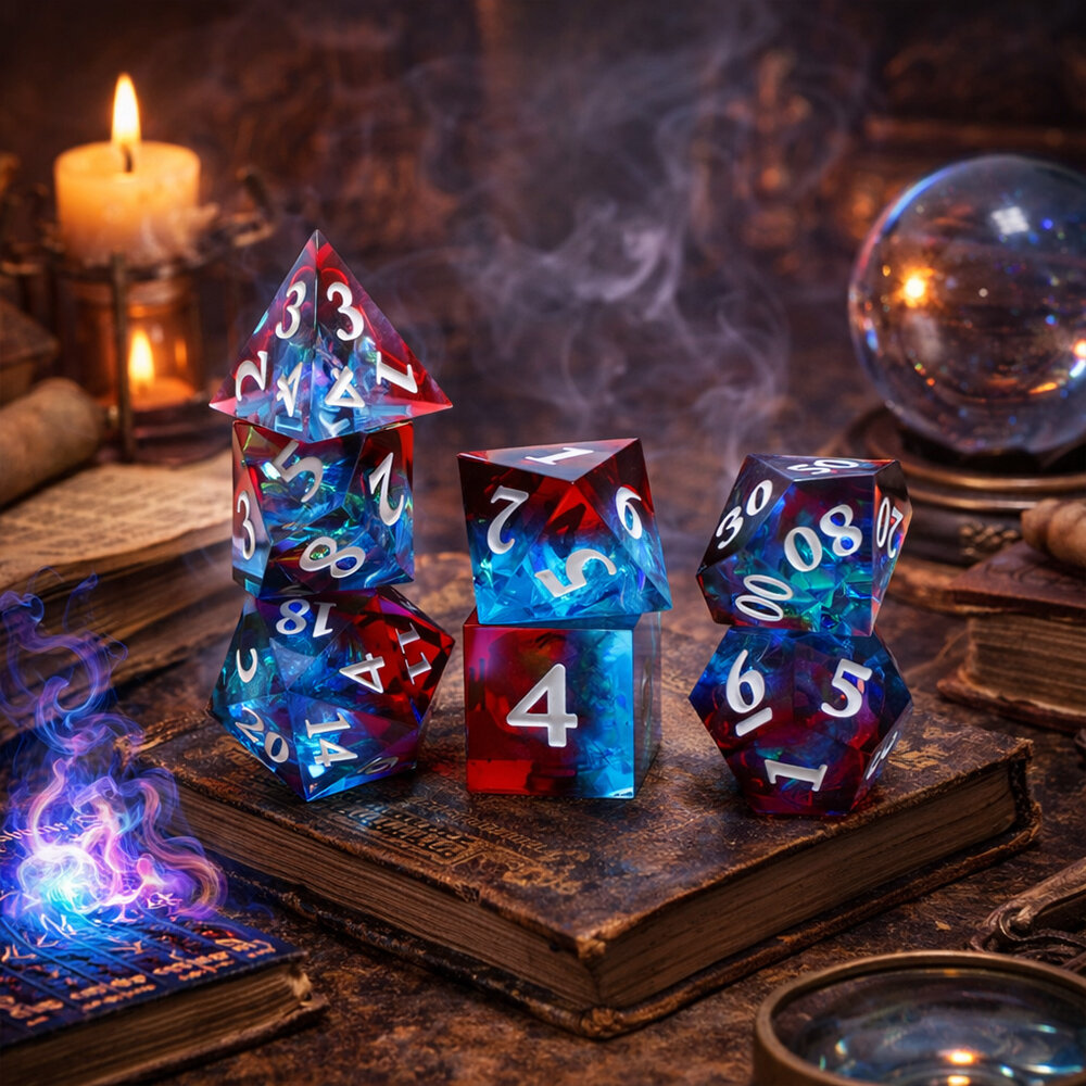 Zestaw kości wielościennych RPG czerwono niebieskie premium ostre DnD