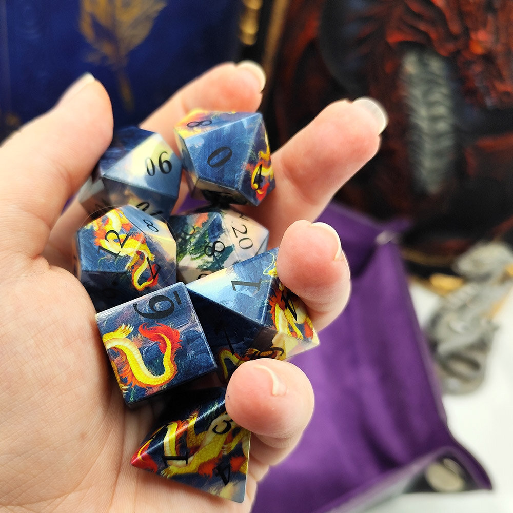 Zestaw kości RPG smok orientalny fantasy semi sharp DnD shenlong kostki