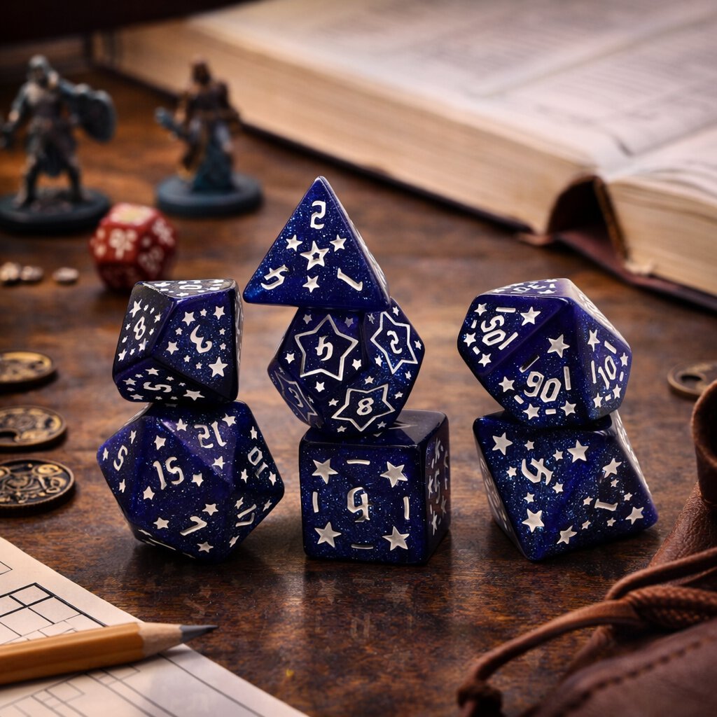 Zestaw kości wielościennych RPG gwiezdne granatowe zaokrąglone DnD