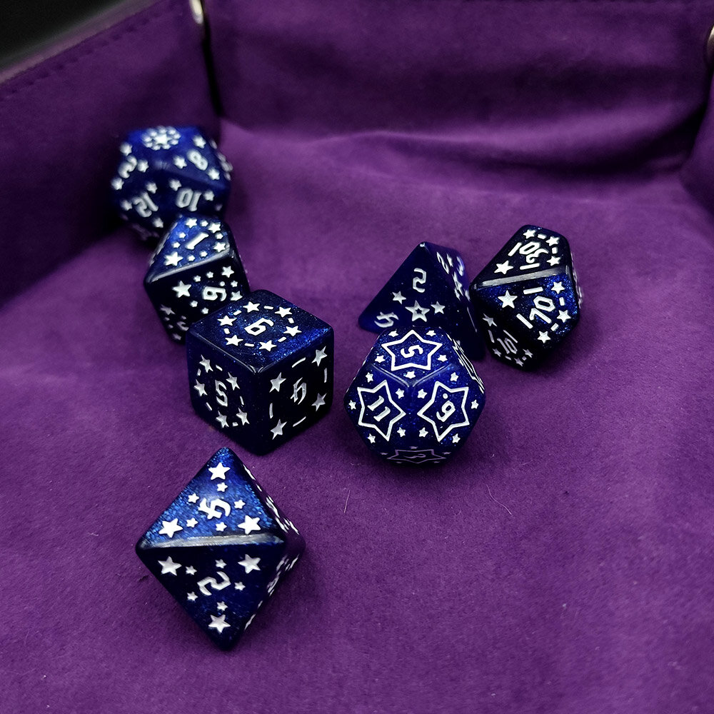 Zestaw kości wielościennych RPG gwiezdne granatowe zaokrąglone DnD