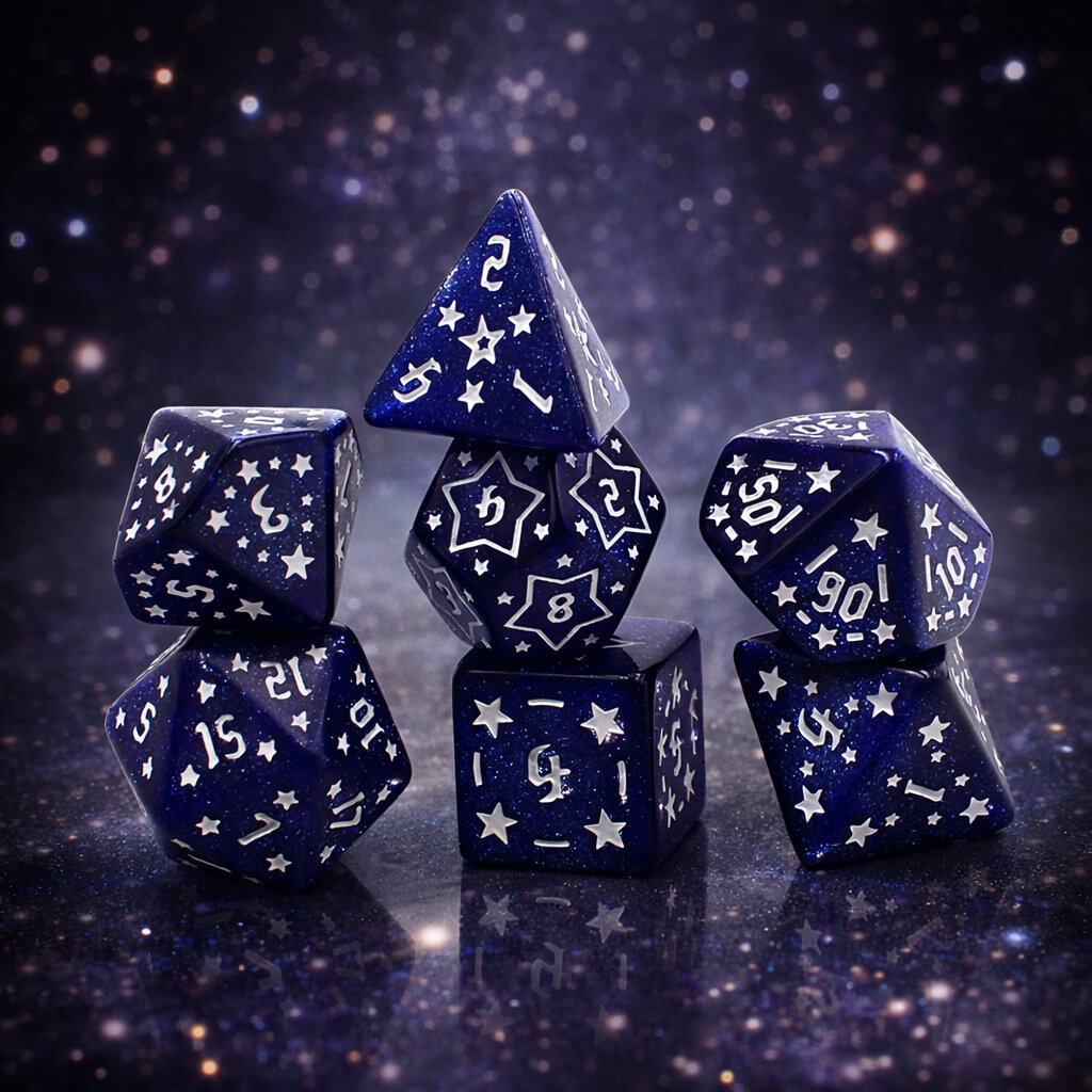 Zestaw kości wielościennych RPG gwiezdne granatowe zaokrąglone DnD