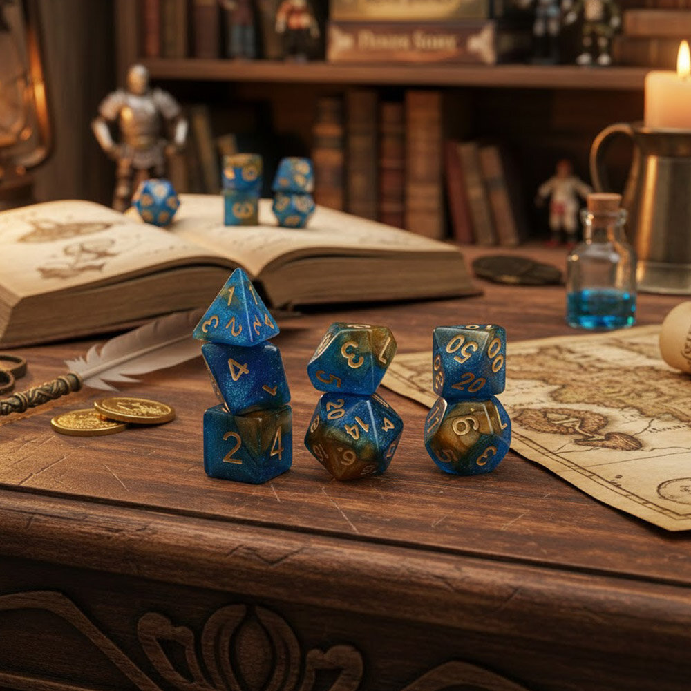 Zestaw kostek RPG klasyczne błękitne mieniące zaokrąglone DnD
