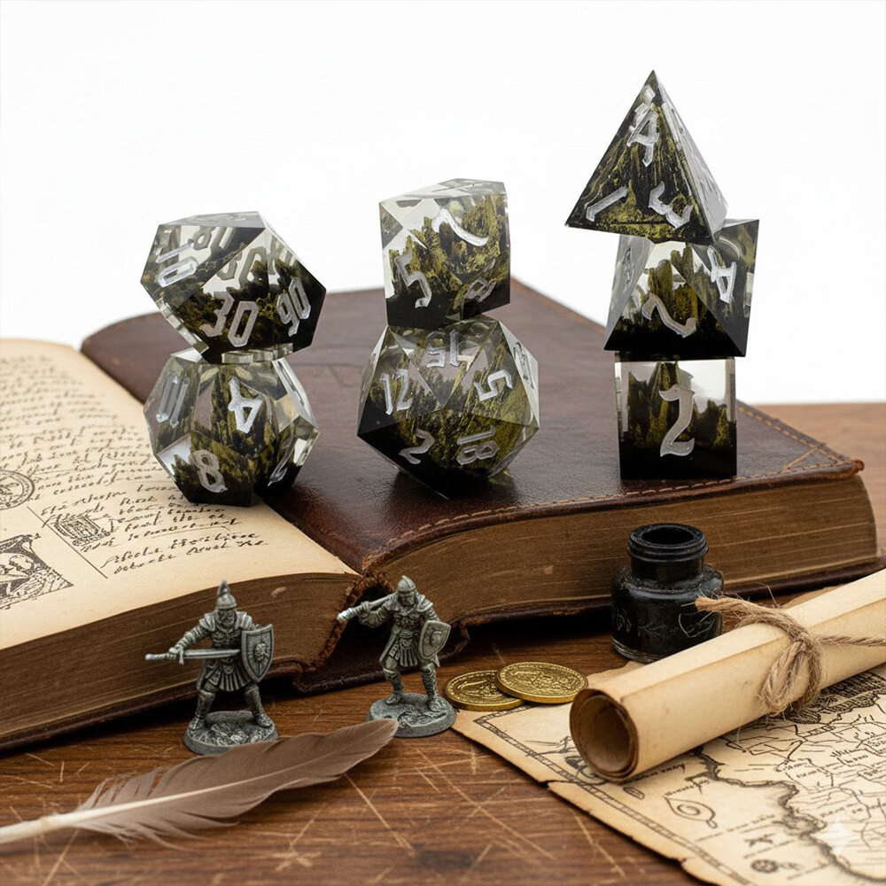 Zestaw kości wielościennych RPG żywica drewno Forest ostre DnD