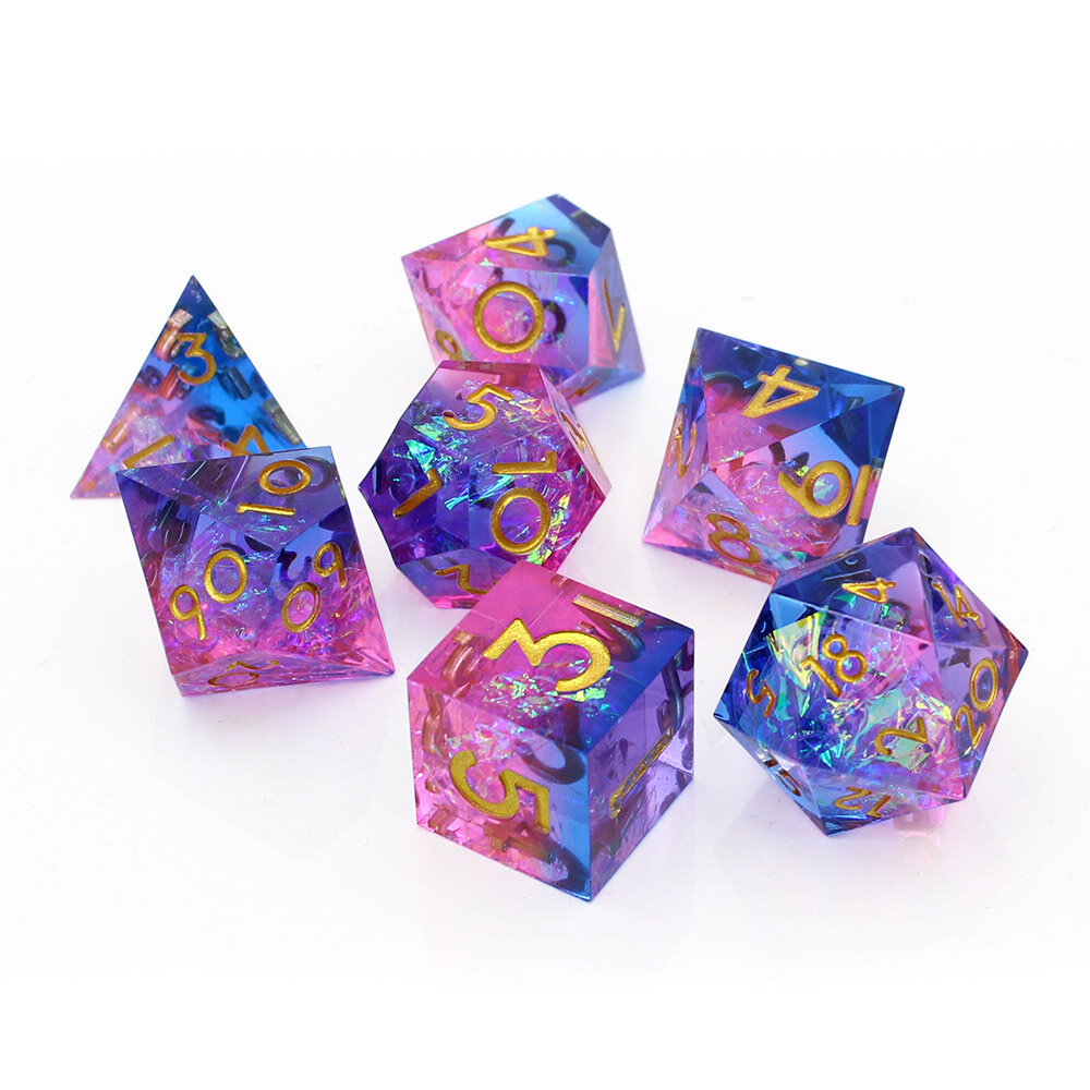 Zestaw kości wielościennych RPG pryzmatyczne różowo niebieskie ostre DnD