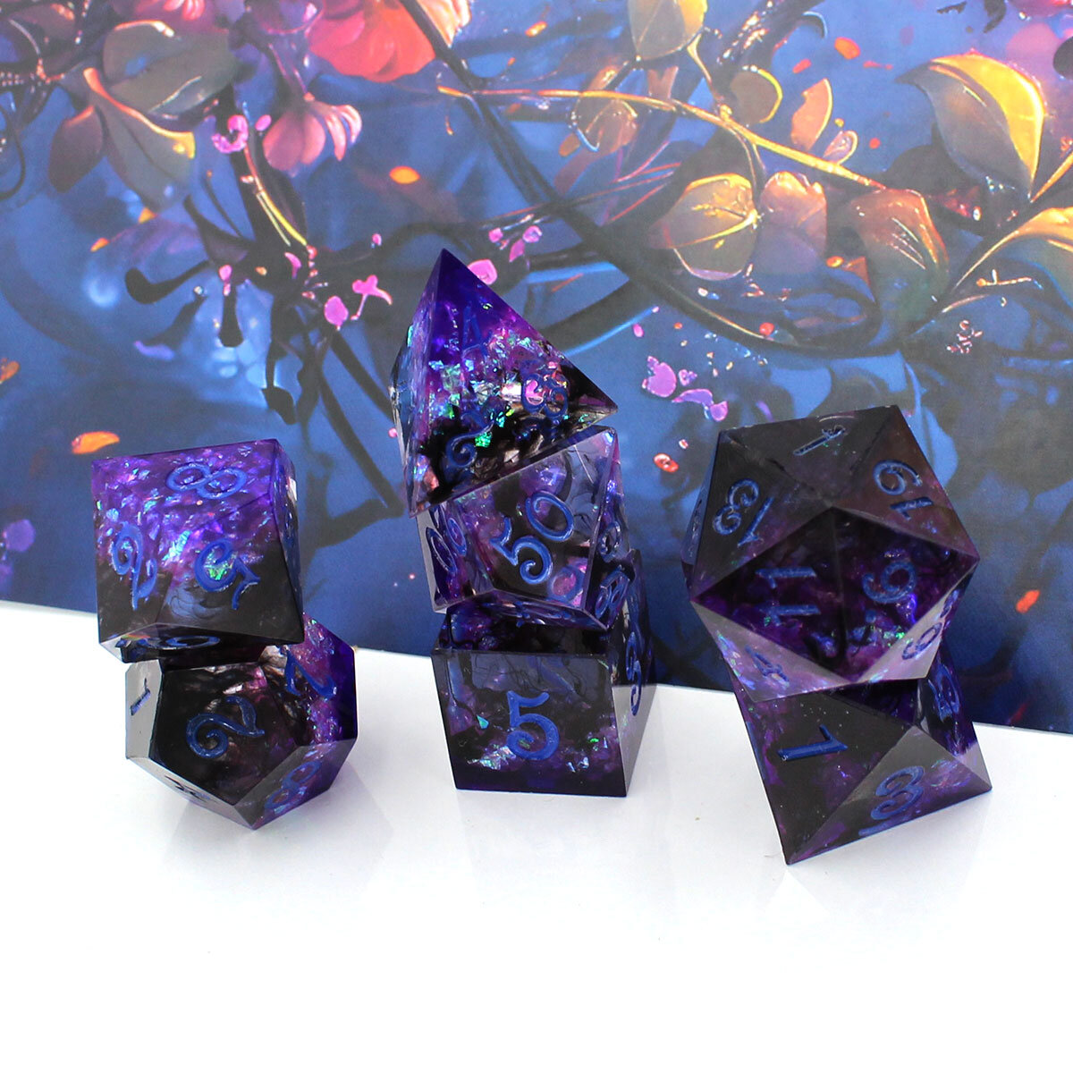 Zestaw kości wielościennych RPG różowe niebieskie ostre DnD