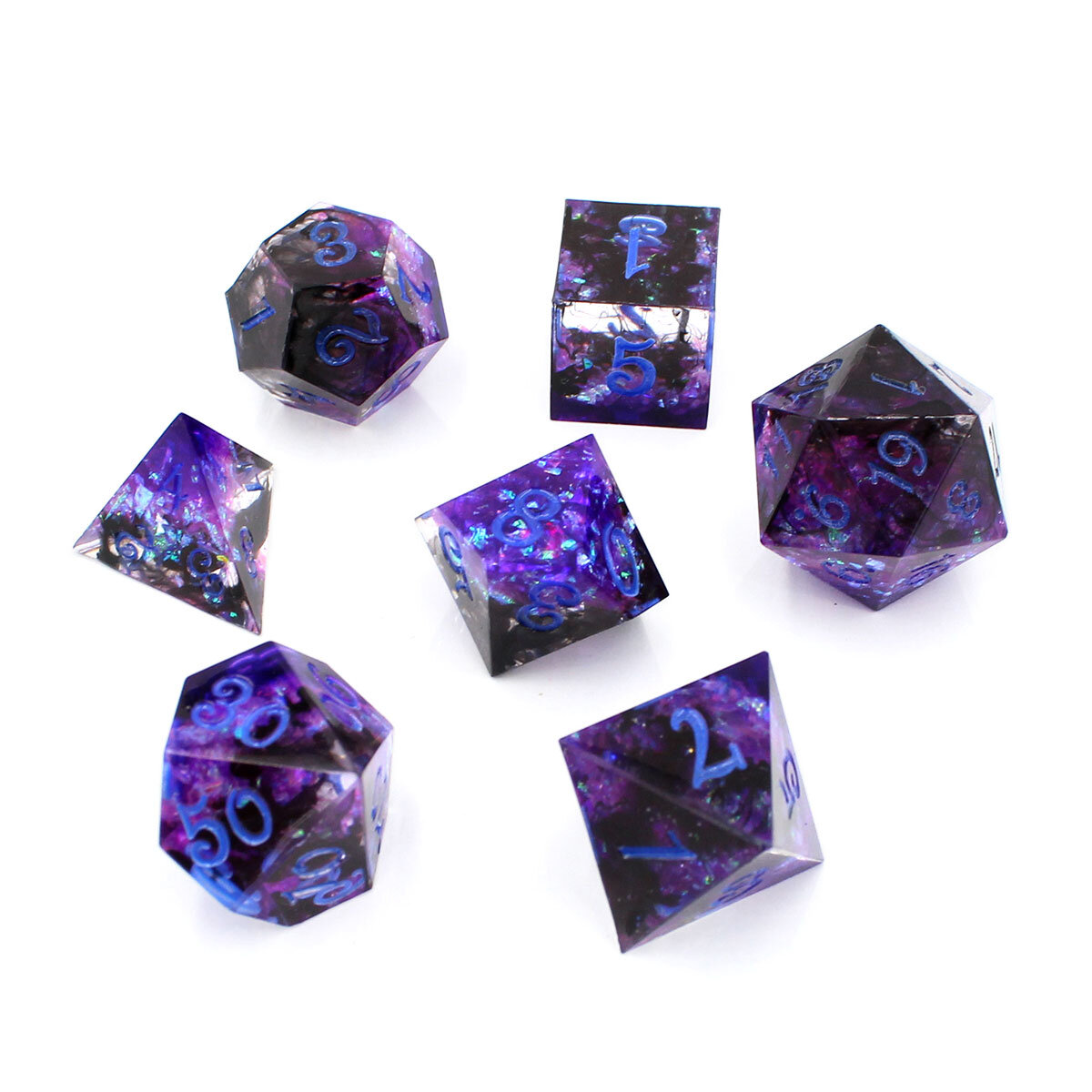 Zestaw kości wielościennych RPG różowe niebieskie ostre DnD