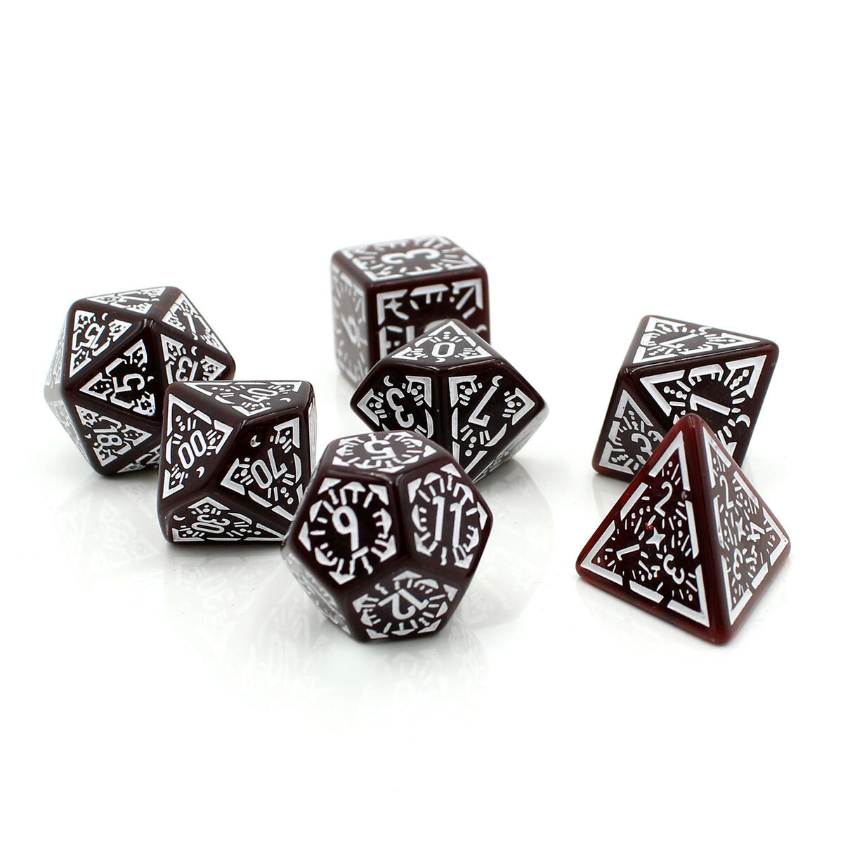 Zestaw kości wielościennych RPG bordowe runiczne zaokrąglone DnD