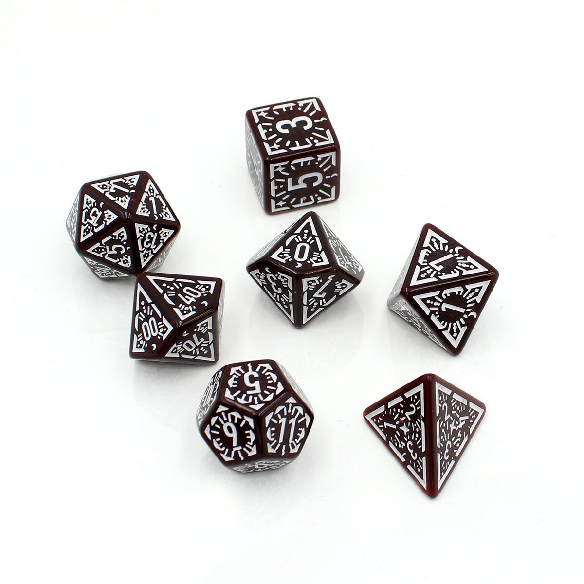 Zestaw kości wielościennych RPG bordowe runiczne zaokrąglone DnD