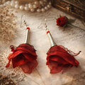 Długie, czerwone materiałowe kolczyki w kształcie kwiatów z elementami w antycznym odcieniu srebra
